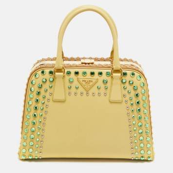 مملوكة مسبقًا Prada Pyramid Frame Yellow/Brown Saffiano Lux Leather Crystal Embellished Satchel