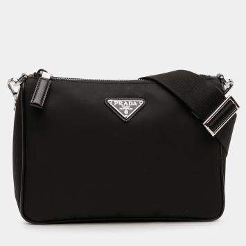 مملوكة مسبقًا Prada Black Saffiano Trimmed Re Nylon Zip Top Crossbody