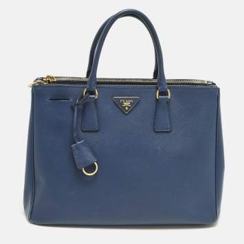 Pre Owned Prada Galleria Large Navy Blue Saffiano Lux Leather Double Zip Tote