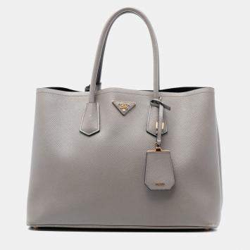 Pre Owned Prada Grey Large Saffiano Cuir Double Satchel