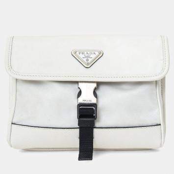 Pre Owned حقيبة برادا كروس بودي موبايل نايلون/جلد سافيانو أبيض