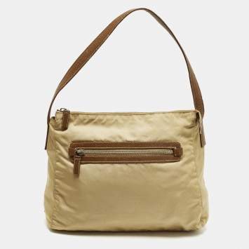 Pre Owned Prada Beige/Brown Nylon Zip Shoulder Bag
