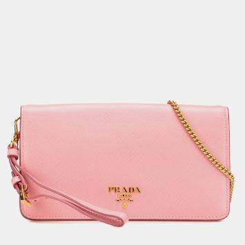 Pre Owned Prada Pink Saffiano Lux Wallet on Chain
