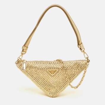 Pre Owned Prada Triangle Gold Crystal Studded Satin Shoulder Bag