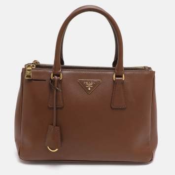Pre Owned Prada Galleria Double Zip Small Brown Saffiano Lux Leather Tote