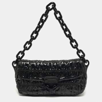 Pre Owned Prada Gaufre Black Gaufre Patent Leather Chain Shoulder Bag