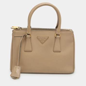 Pre Owned Prada Galleria Double Zip Small Beige Saffiano Lux Leather Tote