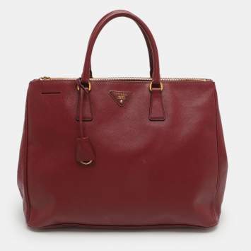 Pre Owned Prada Galleria Executive Burgundy Saffiano Leather Double Zip Tote
