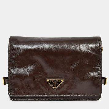 Pre Owned Prada Brown Leather Buckle Detail Shoulder Bag