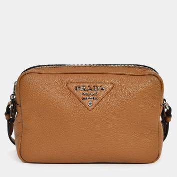 Pre Owned Prada Caramel Leather Vitello Daino Double Zip Crossbody Camera Bag with Strap