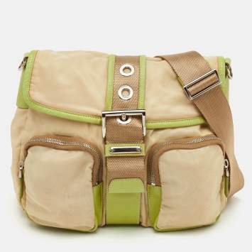 Pre Owned Prada Vintage Tessuto Buckle Beige/Green Nylon and Leather Cargo Shoulder Bag