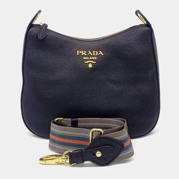 Pre Owned Prada Black Leather Vitello Phoenix Hobo Crossbody Bag (1BC166)