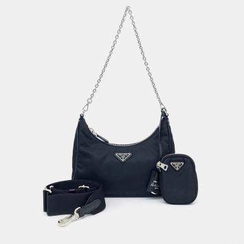 Pre Owned Prada Black Nylon Tessuto Chain Strap Hobo Bag (1BH204)