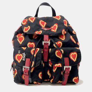 مملوكة مسبقًا Prada Heart Pattern Backpack Black/Red Nylon