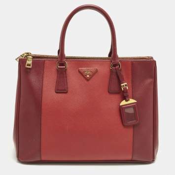 Pre Owned Prada Double Zip Large Two Tone Red Saffiano Leather Tote