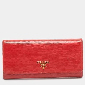 Pre Owned Prada Logo Flap Red Vitello Move Leather Continental Wallet
