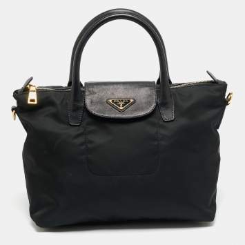 Pre Owned Prada Black Nylon and Saffiano Leather Zip Satchel