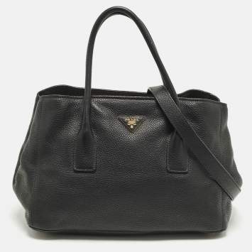 Pre Owned Prada Black Vitello Daino Leather Open Shopper Tote