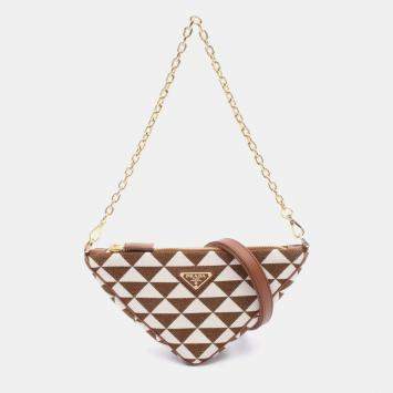 Pre Owned Prada Triangle Shoulder Bag Canvas And Leather Brown White