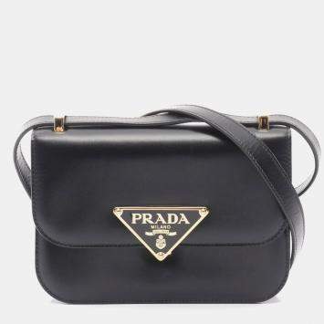 Pre Owned Prada Emblem Box Calf Shoulder Bag Leather Black