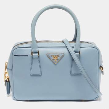 Pre Owned Prada Bauletto Pale Blue Saffiano Lux Leather Zip Satchel