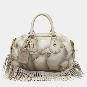 Pre Owned Prada White Ombre Deerskin Leather Croc and Lizard Patchwork Bowler Bag