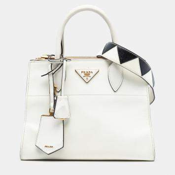 Pre Owned Prada White City Calf Trimmed Saffiano Greche Paradigme Bag