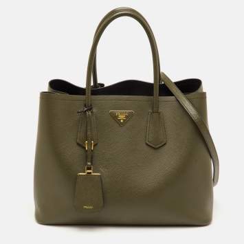 Pre Owned Prada Double Handle Medium Green Saffiano Cuir Leather Tote