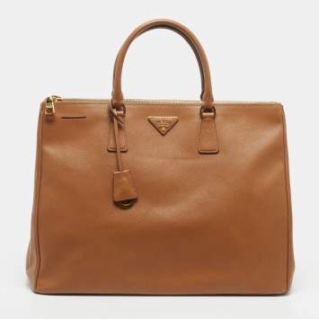 Pre Owned Prada Double Zip Executive Extra Large Brown Saffiano Leather Tote