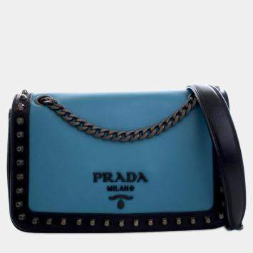 Pre Owned Prada Black Blue Bicolor Glace Calfskin Studded Crossbody