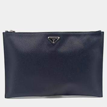 مملوكة مسبقًا Prada Navy Blue Leather Saffiano Clutch