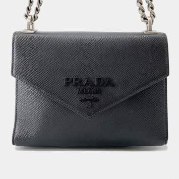 مملوكة مسبقًا Prada Saffiano Leather Logo Chain shoulder Bag Black Leather