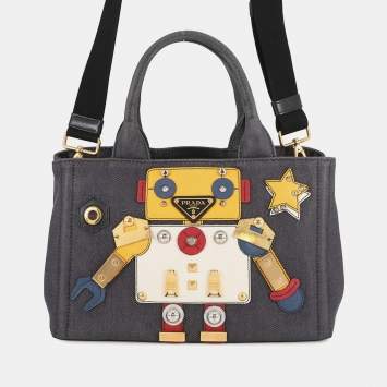 مملوكة مسبقًا حقيبة يد توتس برادا روبوت كانابا ثنائية الاتجاه قماش أزرق بحري/متعدد ا لألوان