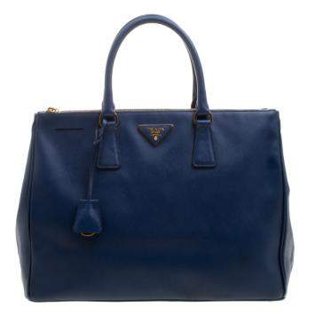 Pre Owned Prada Blue Saffiano Lux Leather Large Double Zip Tote