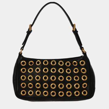 مملوكة مسبقًا Prada Black Leather Metal Grommet Handbag