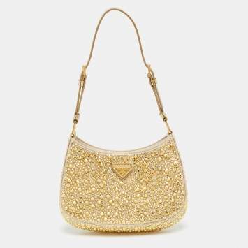 مملوكة مسبقًا حقيبة  كتف برادا كليو ساتان مرصعة بكريستالات ذهبية