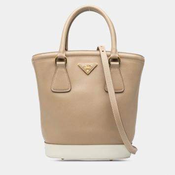 Pre Owned Prada Brown White Saffiano Bucket Bag