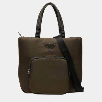 Pre Owned Prada Triangle Logo Plate Tote Bag/Shoulder Bag 2-Way Khaki Green Nylon Leather