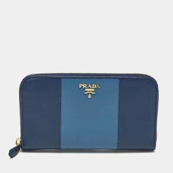 مملوكة مسبقًا Prada Two Tone Blue Saffiano Leather Zip Around Wallet