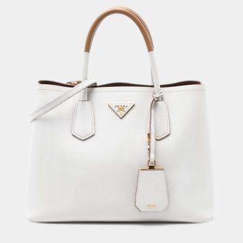 Pre Owned Prada White Medium Bicolor Saffiano Cuir Double Satchel