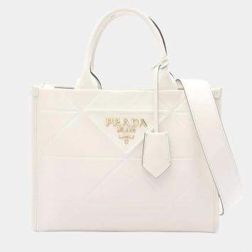 Pre Owned Prada Symbol Topstitched Soft Calf Leather Tote Bag White