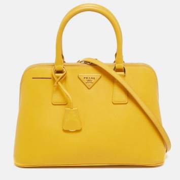 Pre Owned Prada Promenade Medium Yellow Saffiano Lux Leather Satchel