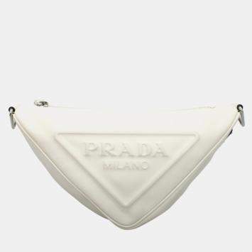 Pre Owned Prada Grace Lux Triangle White Calf Leather Shoulder Bag SHW