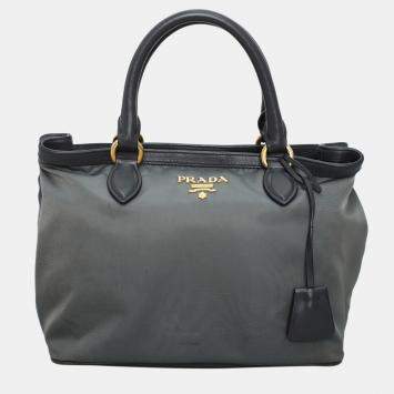 Pre Owned Prada Logo Grey Nylon Tote GHW