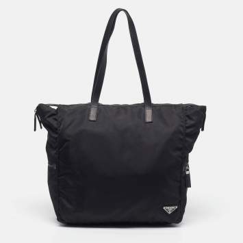 Pre Owned Prada Logo Zip Black Leather and Tessuto Nylon Tote