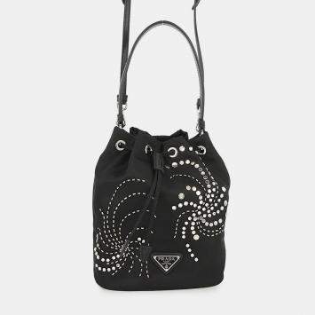 مملوكة مسبقًا Prada Test Black Nylon Crystals, Studs Bucket Bag