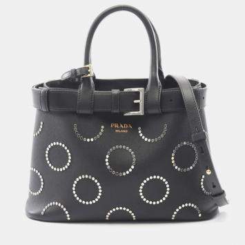Pre Owned Prada Soft Grain Vite Buckle Tote Bag Leather Black