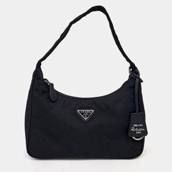 Pre Owned Prada Black Re-Nylon Tessuto Hobo Bag (1NE515)