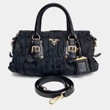 Pre Owned Prada Black Fabric Gaufré Tote and Shoulder Bag