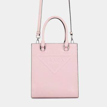 Pre Owned Prada Embossed Triangle Mini Pink Leather Top Handle Bag